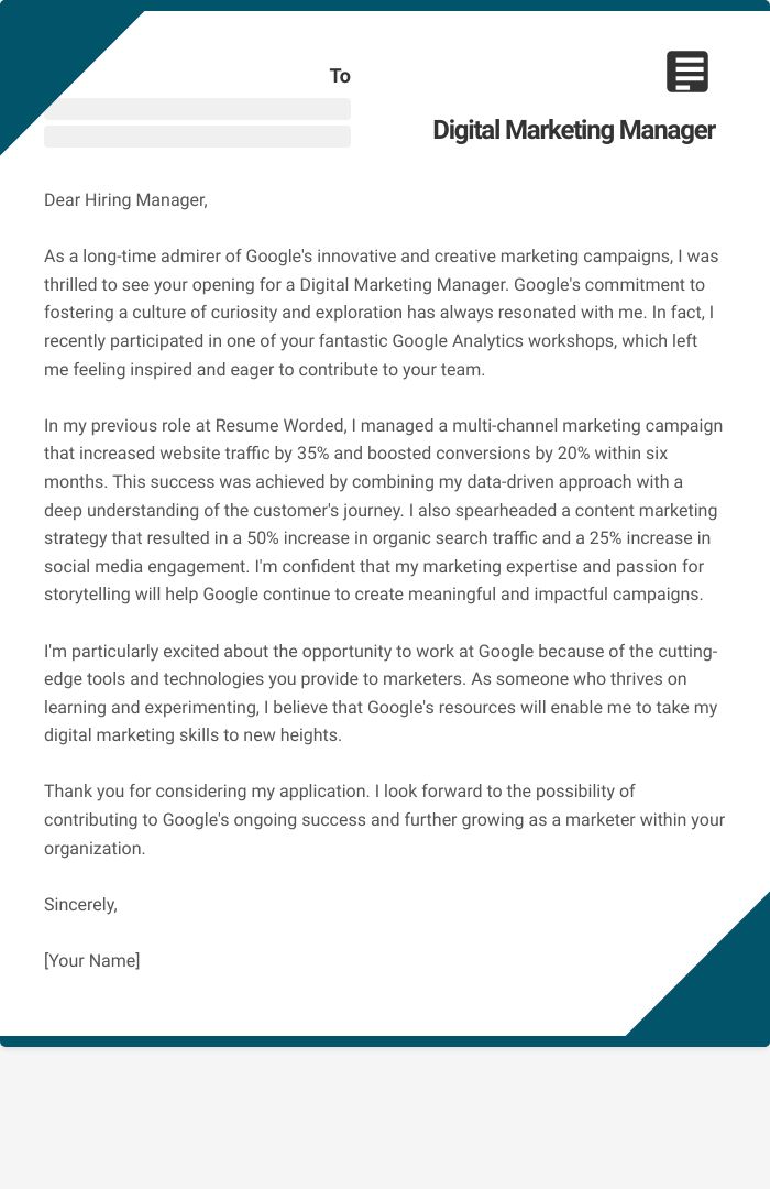 Digital Marketing Manager Cover Letter