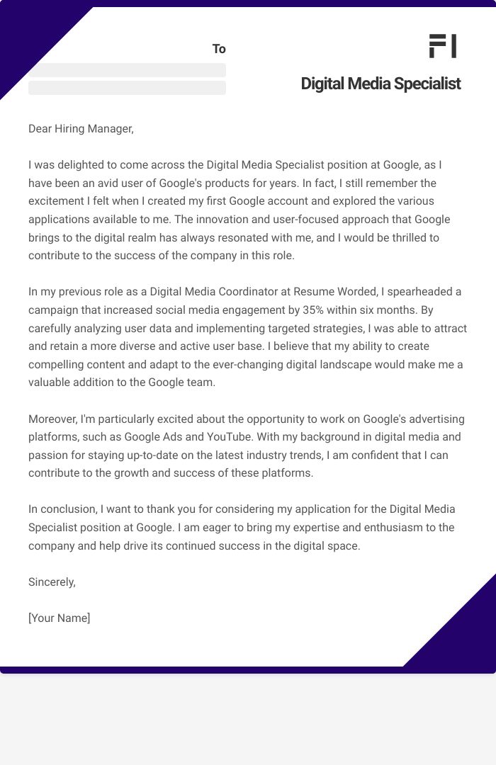 Digital Media Specialist Cover Letter