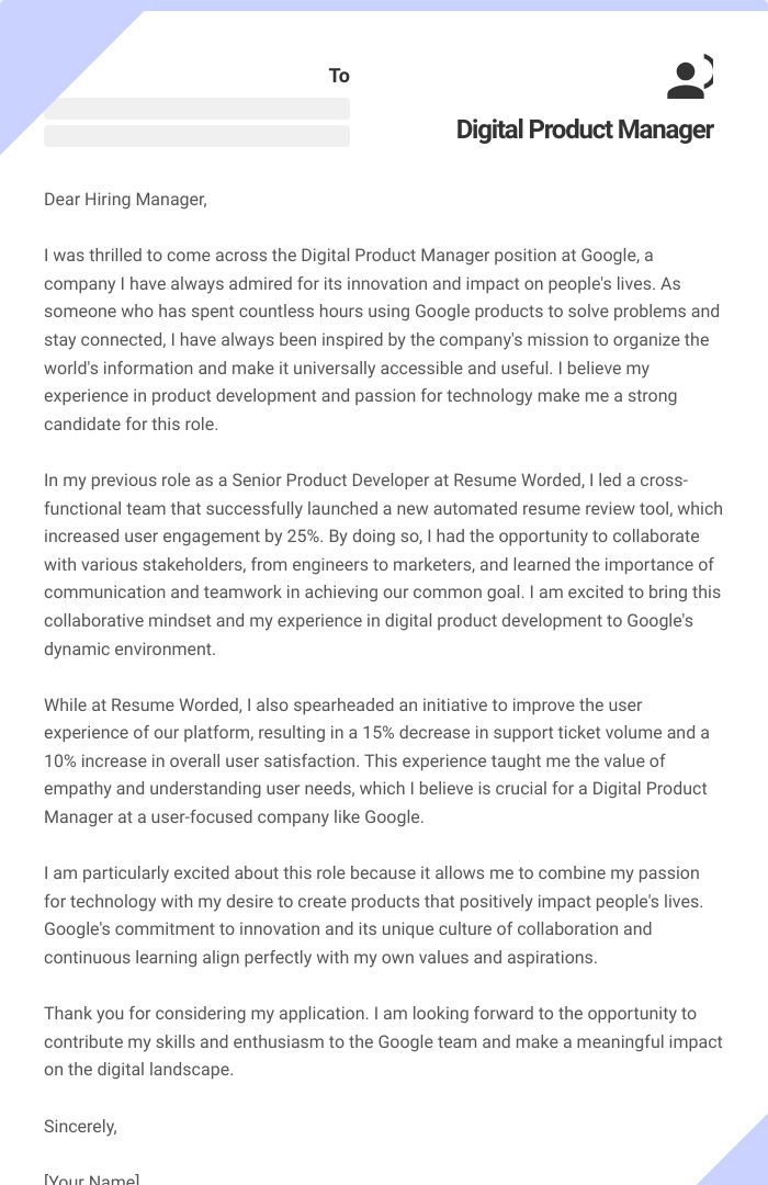 Digital Product Manager Cover Letter