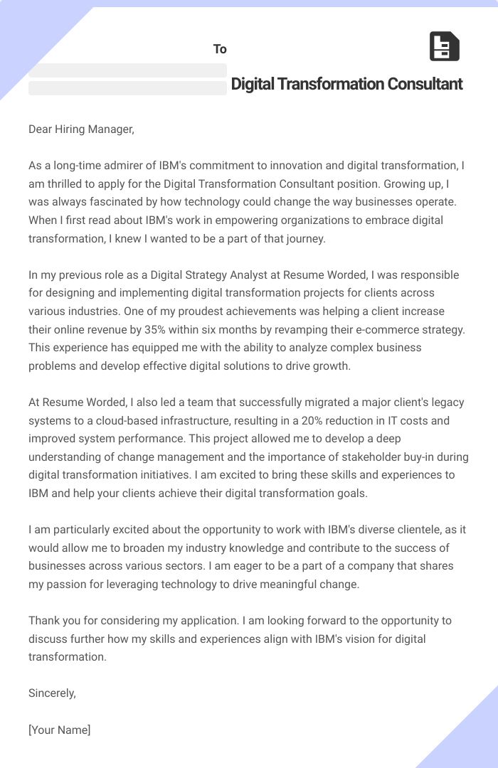 Digital Transformation Consultant Cover Letter
