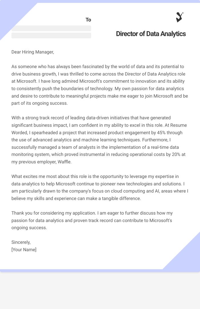 Director of Data Analytics Cover Letter