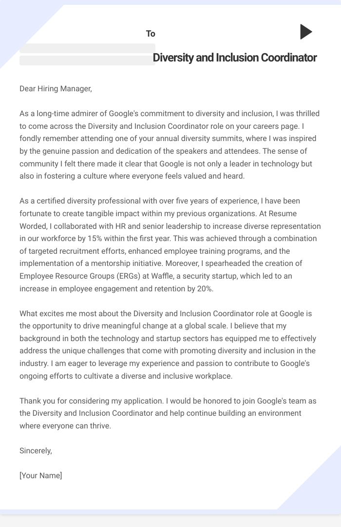 Diversity and Inclusion Coordinator Cover Letter