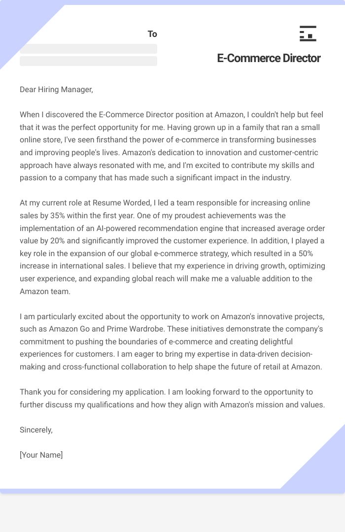 E-Commerce Director Cover Letter