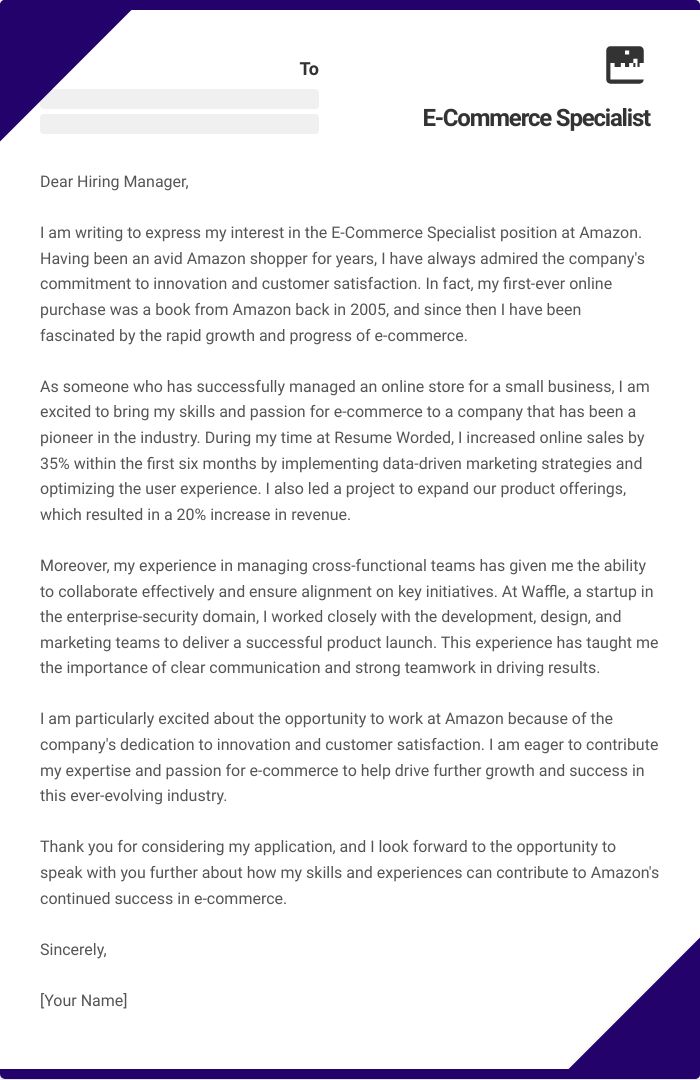 E-Commerce Specialist Cover Letter