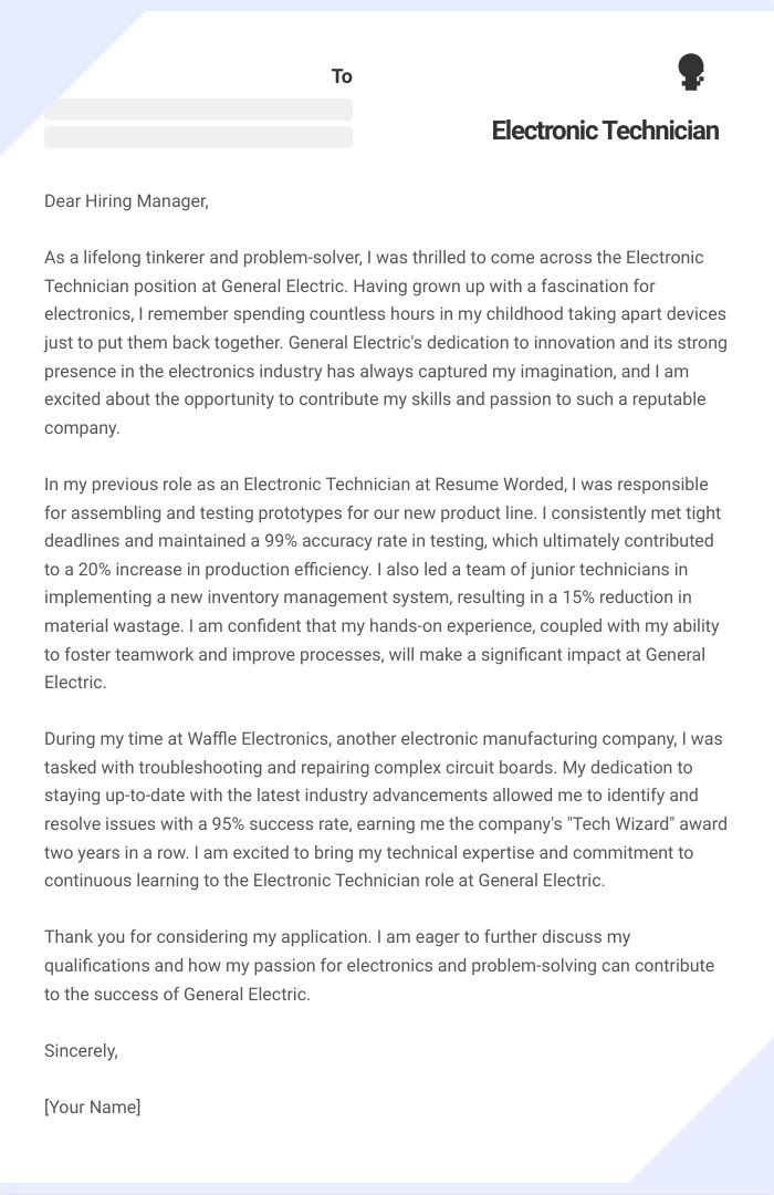 Electronic Technician Cover Letter