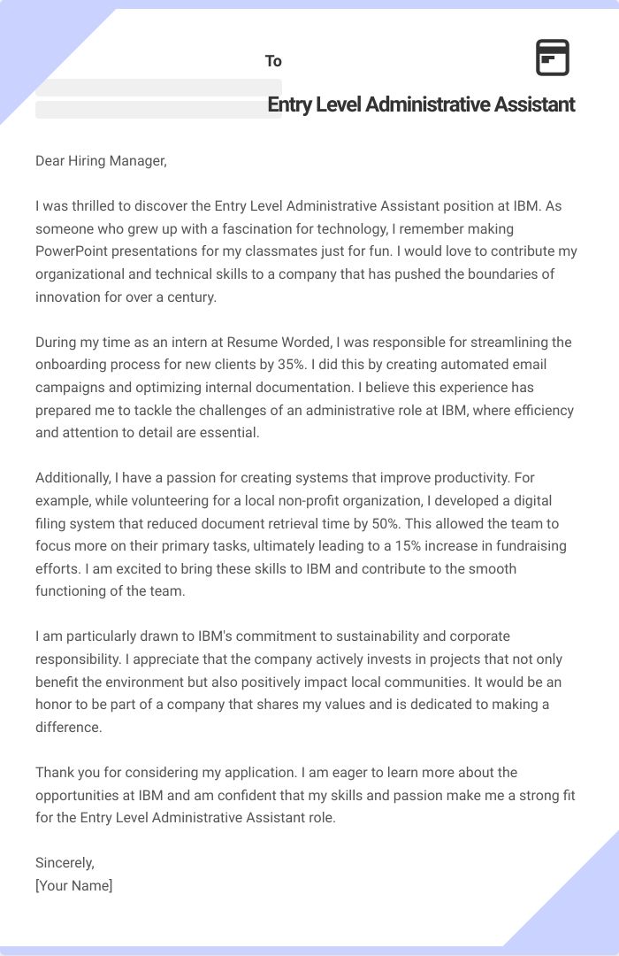 Entry Level Administrative Assistant Cover Letter