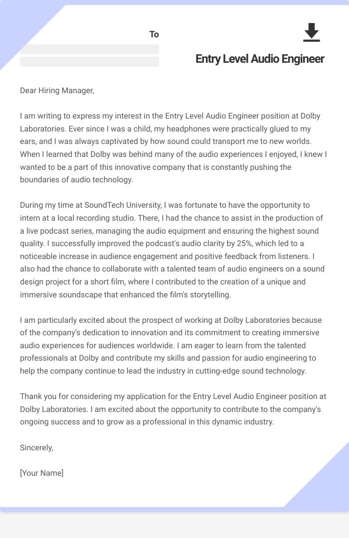 Entry Level Audio Engineer Cover Letter