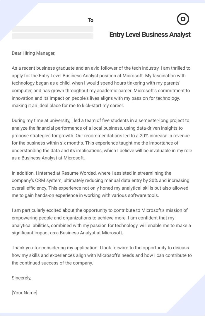 Entry Level Business Analyst Cover Letter