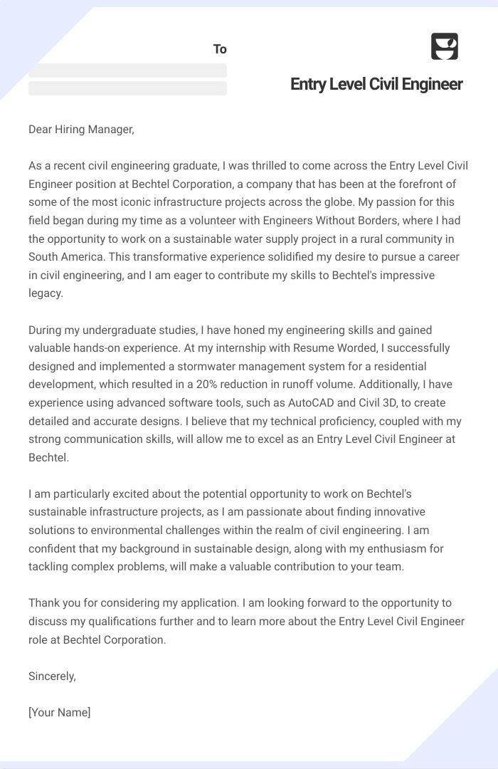 Entry Level Civil Engineer Cover Letter