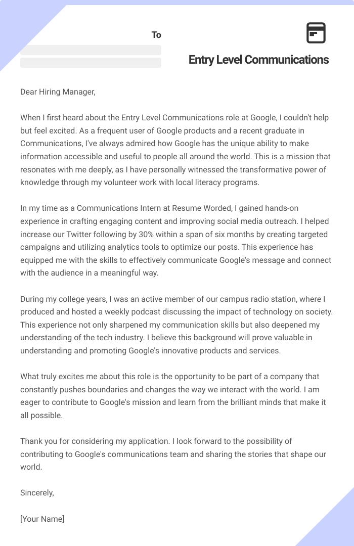 Entry Level Communications Cover Letter