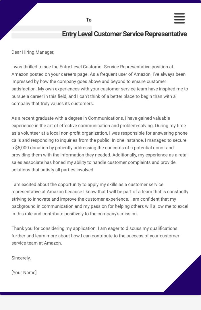 Entry Level Customer Service Representative Cover Letter