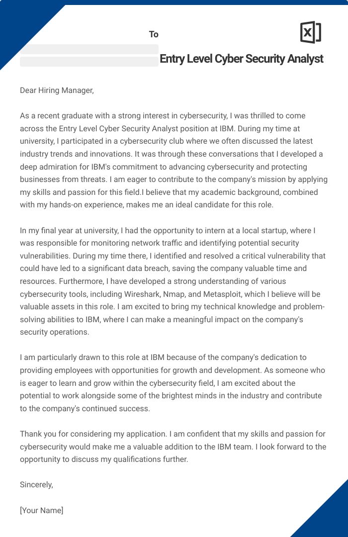 Entry Level Cyber Security Analyst Cover Letter