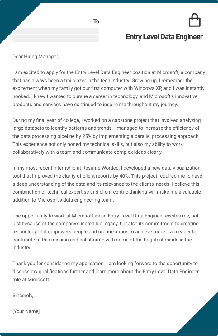 Entry Level Data Engineer Cover Letter