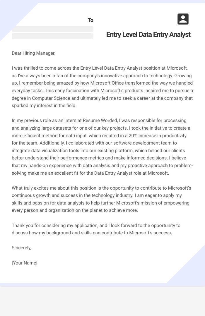 Entry Level Data Entry Analyst Cover Letter