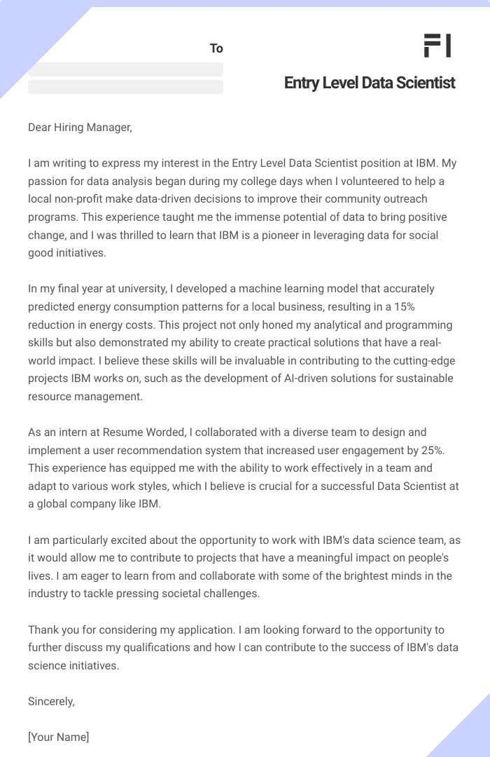 Entry Level Data Scientist Cover Letter