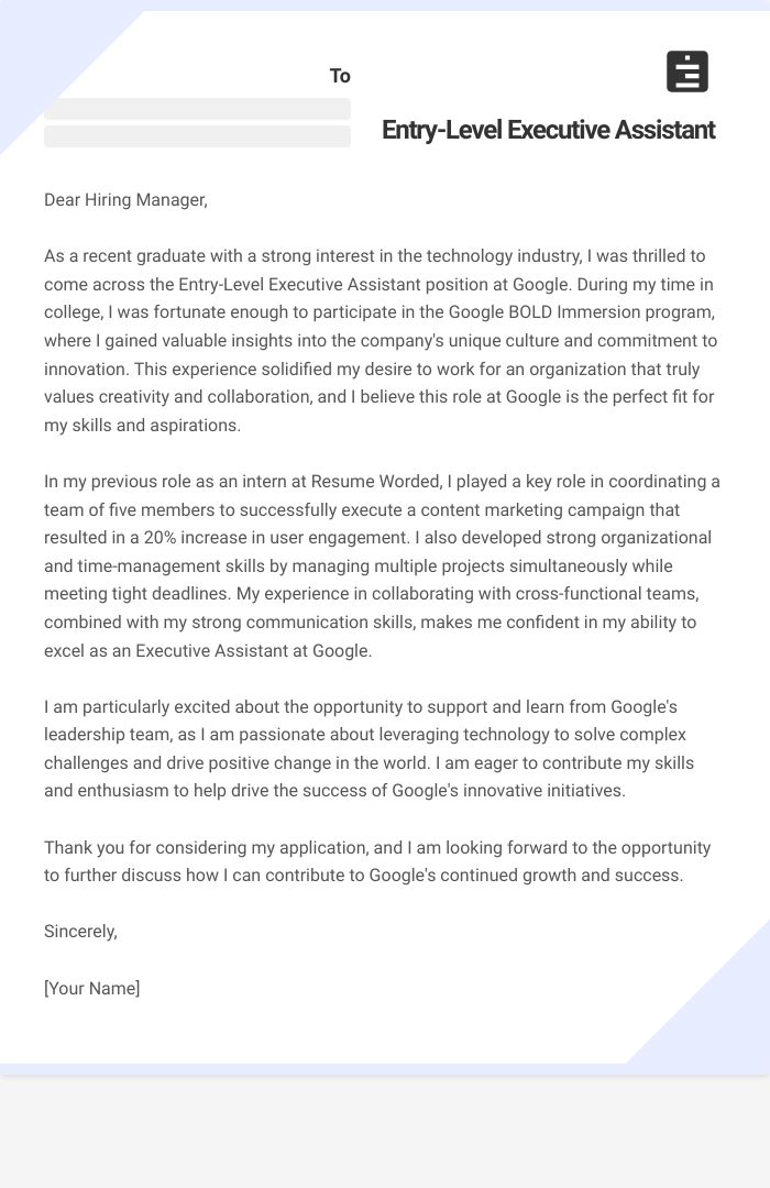 Entry-Level Executive Assistant Cover Letter
