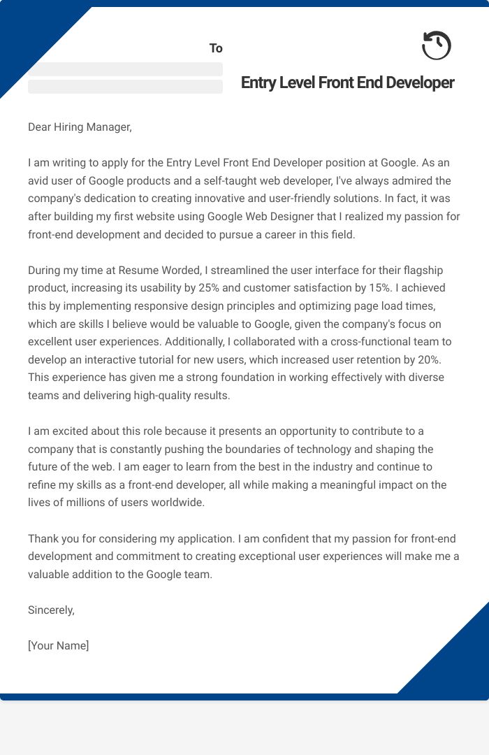 Entry Level Front End Developer Cover Letter