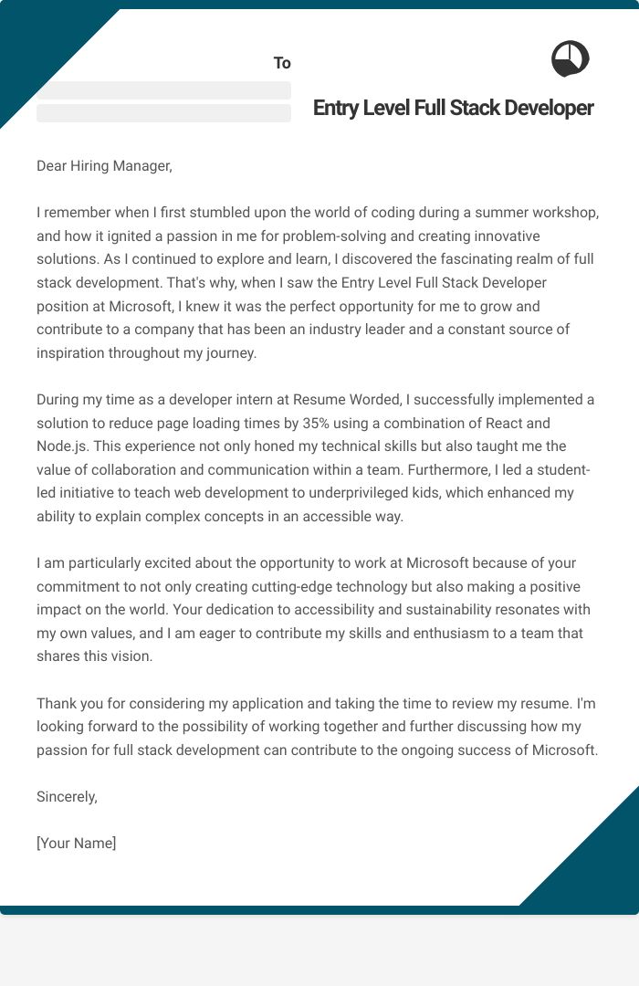 Entry Level Full Stack Developer Cover Letter