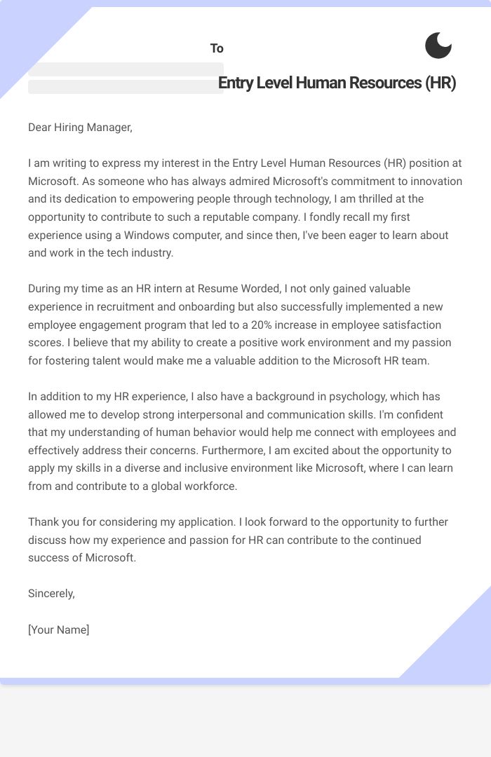 Entry Level Human Resources (HR) Cover Letter