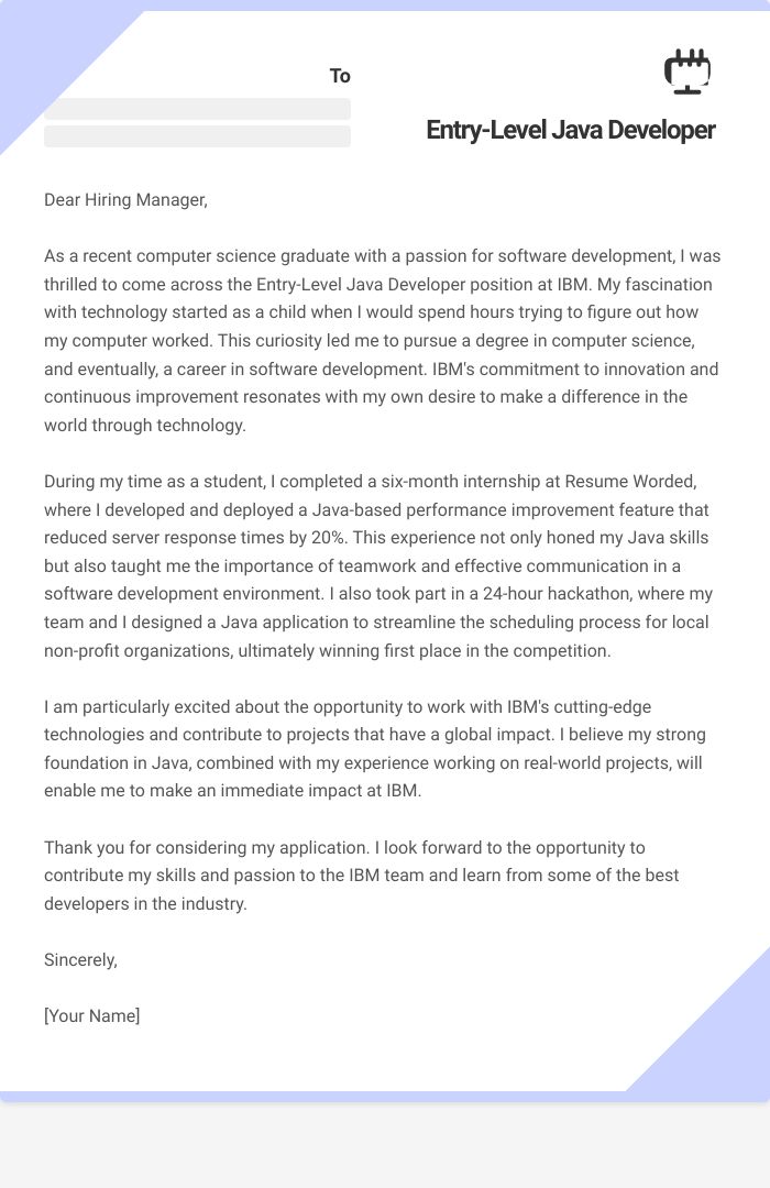 Entry-Level Java Developer Cover Letter