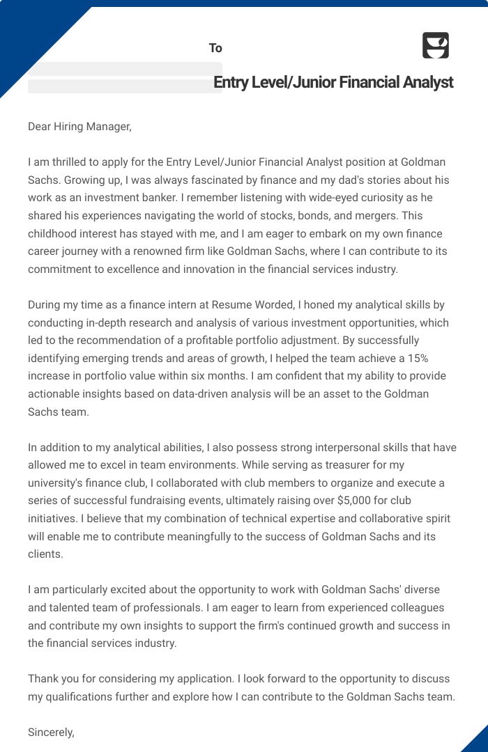 Entry Level/Junior Financial Analyst Cover Letter