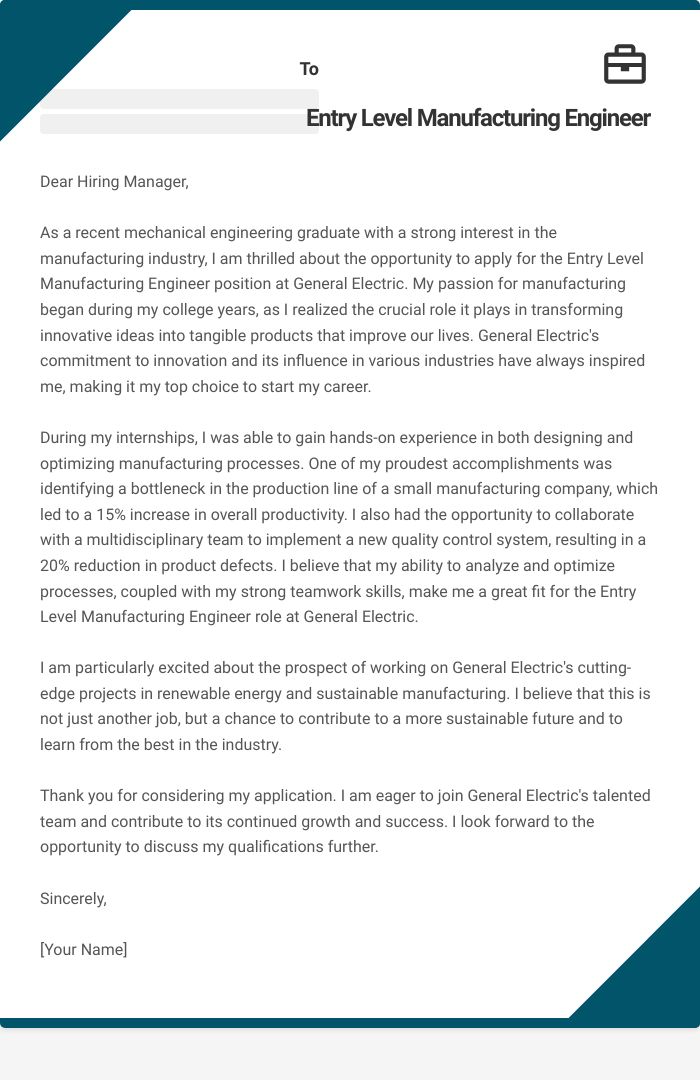 Entry Level Manufacturing Engineer Cover Letter