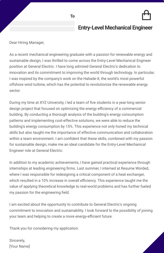 Entry-Level Mechanical Engineer Cover Letter