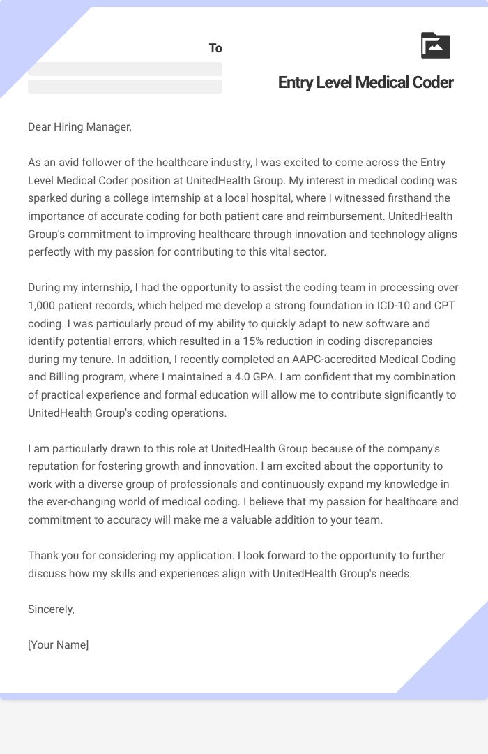 Entry Level Medical Coder Cover Letter