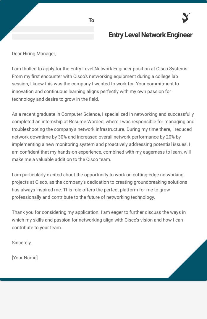 Entry Level Network Engineer Cover Letter