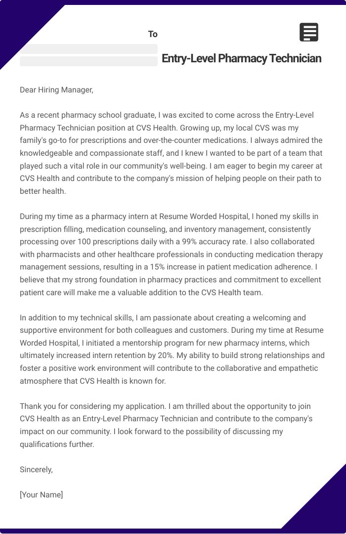 Entry-Level Pharmacy Technician Cover Letter