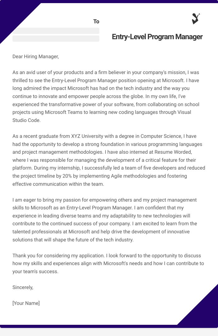 Entry-Level Program Manager Cover Letter