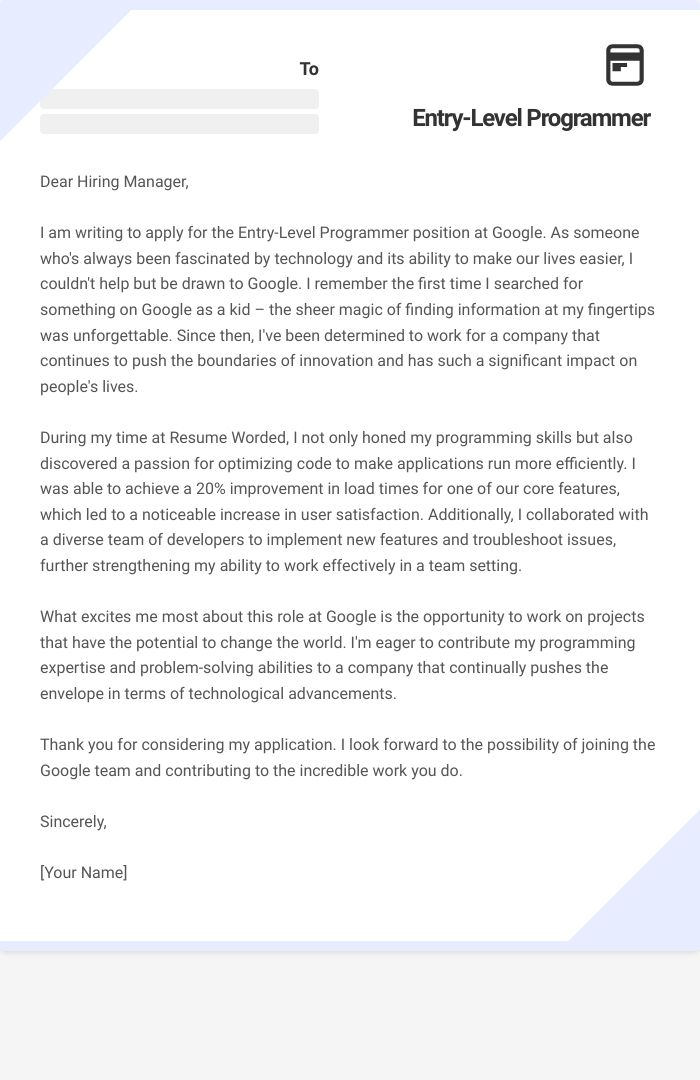 Entry-Level Programmer Cover Letter