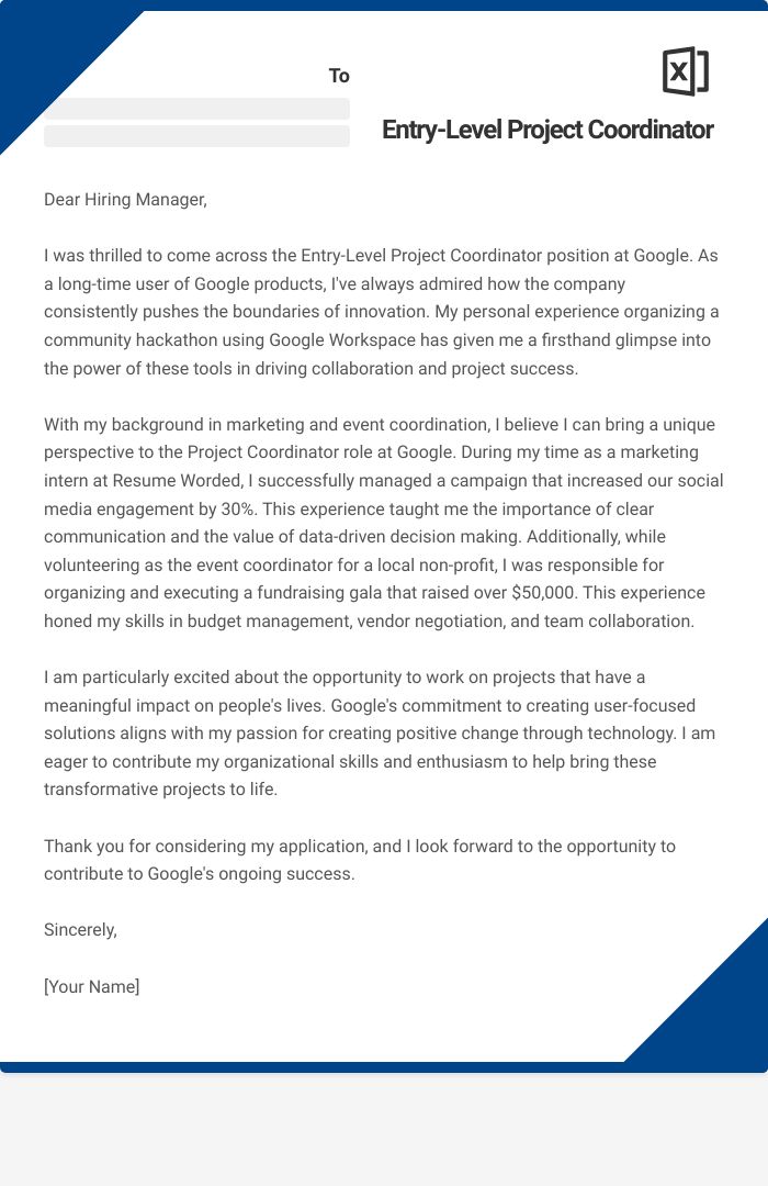 Entry-Level Project Coordinator Cover Letter