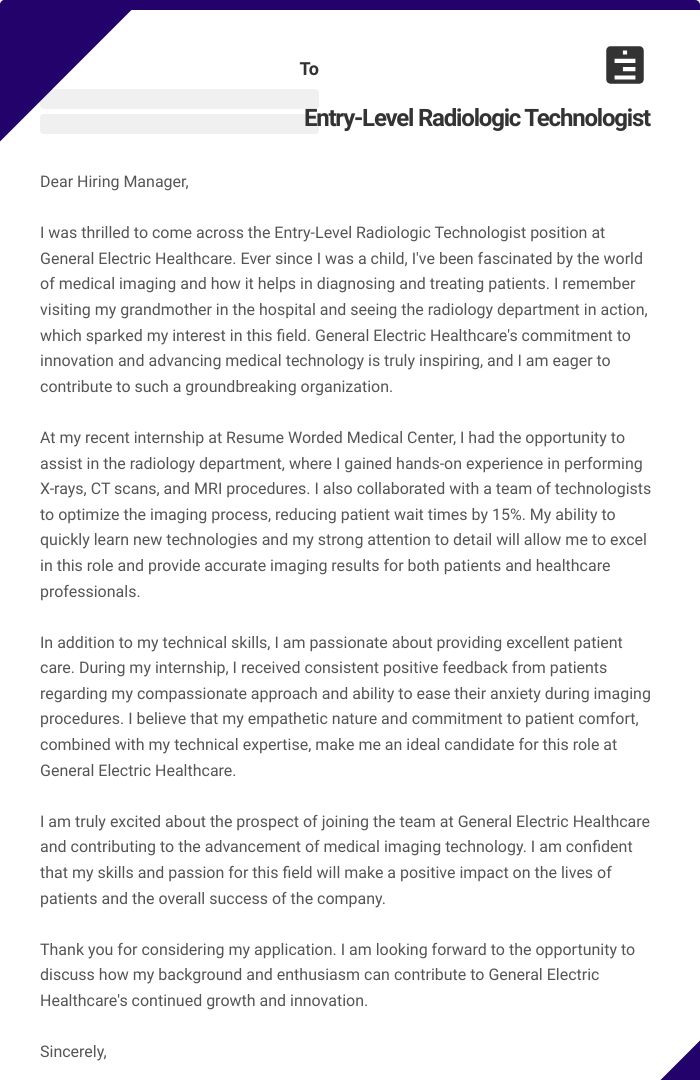 Entry-Level Radiologic Technologist Cover Letter