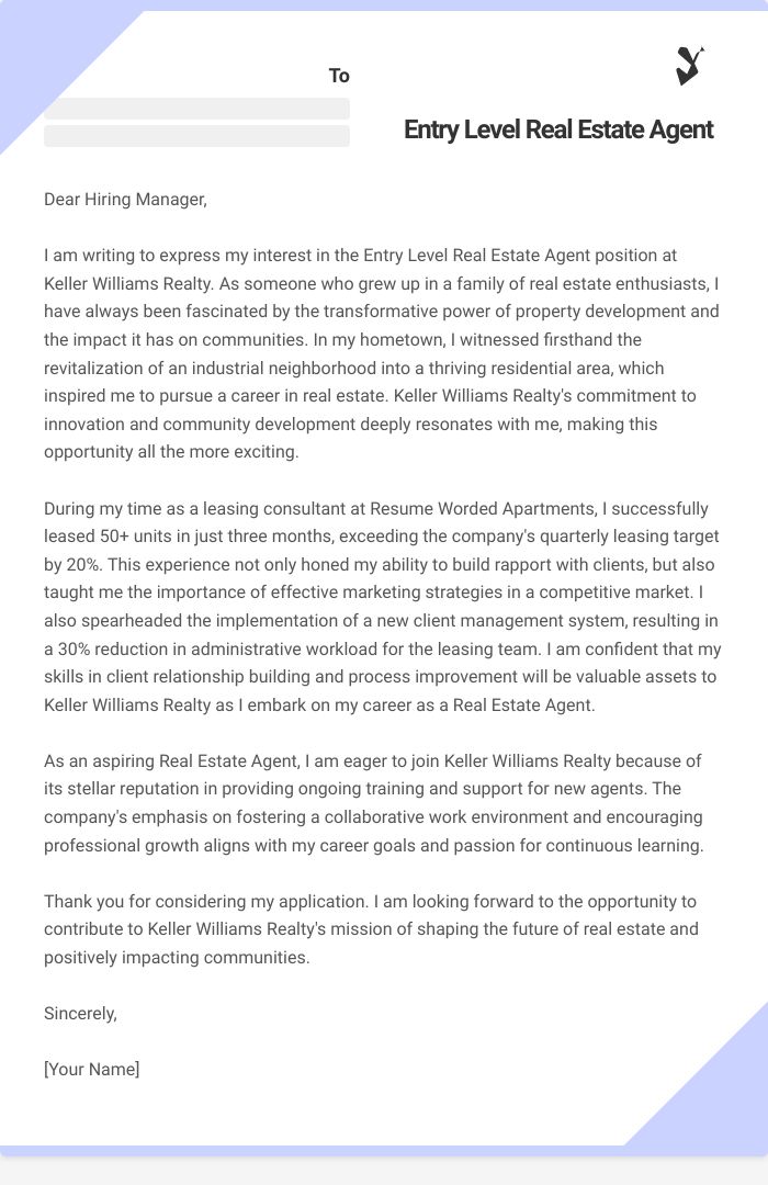 Entry Level Real Estate Agent Cover Letter