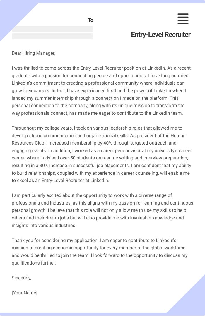 Entry-Level Recruiter Cover Letter