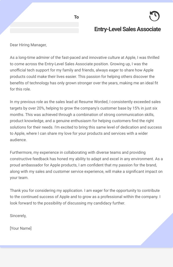 Entry-Level Sales Associate Cover Letter
