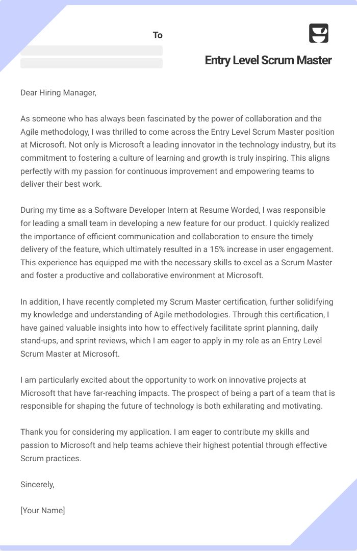 Entry Level Scrum Master Cover Letter