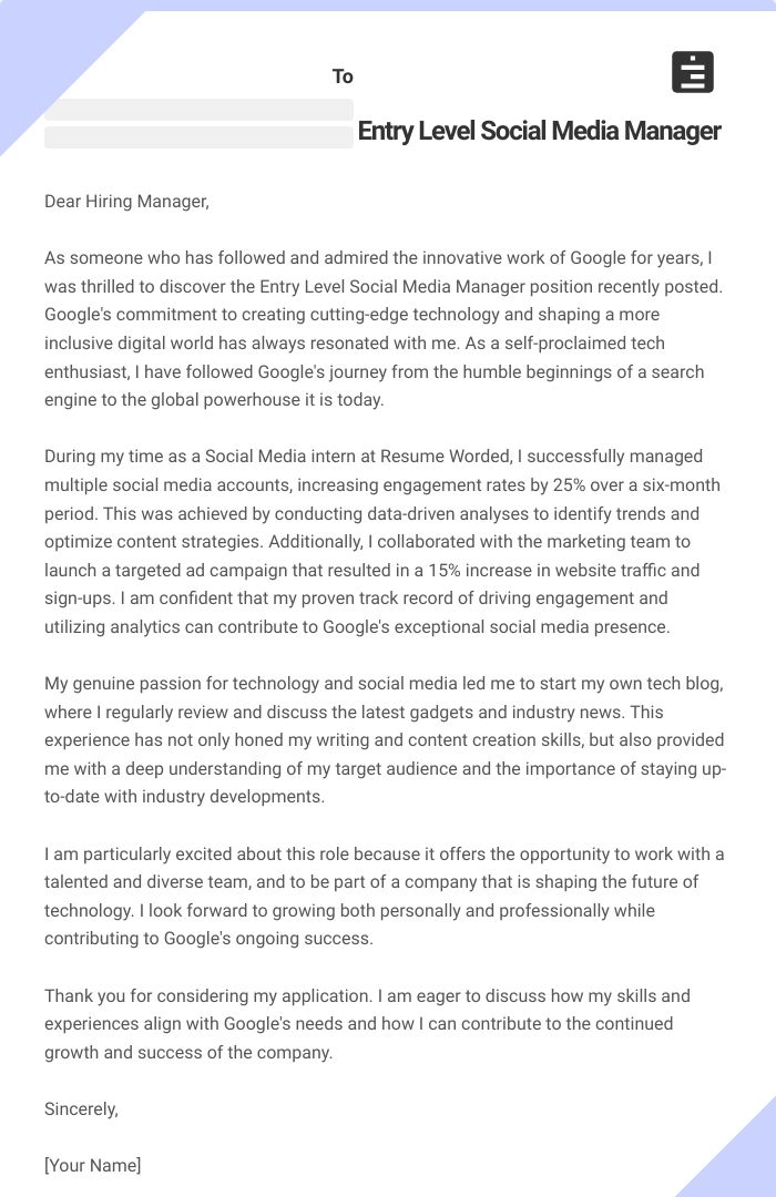 Entry Level Social Media Manager Cover Letter