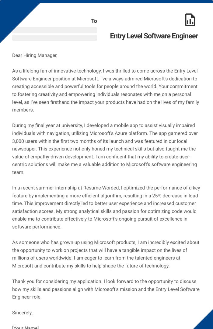 Entry Level Software Engineer Cover Letter