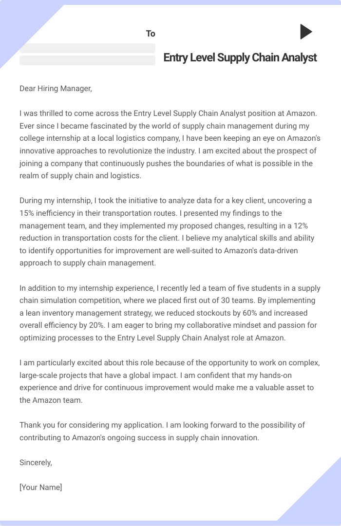 Entry Level Supply Chain Analyst Cover Letter