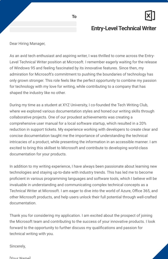 Entry-Level Technical Writer Cover Letter