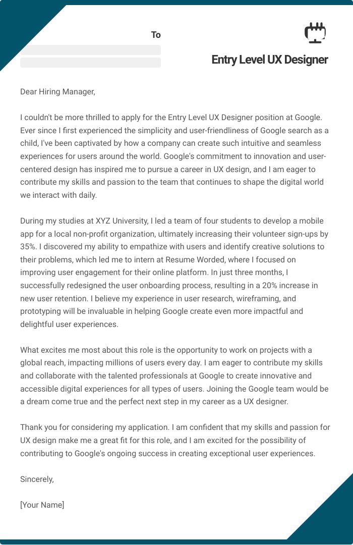 Entry Level UX Designer Cover Letter