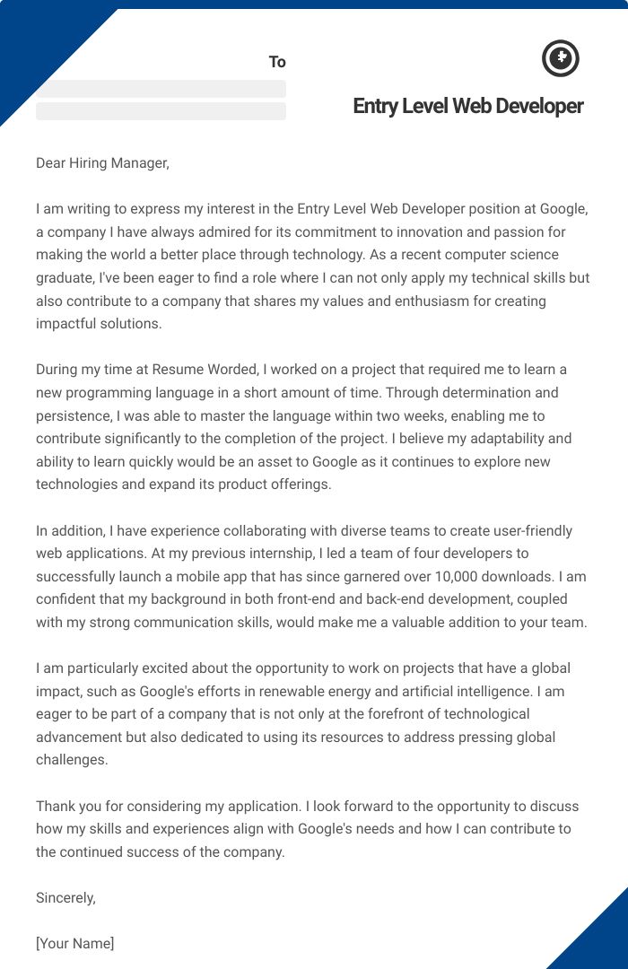 Entry Level Web Developer Cover Letter