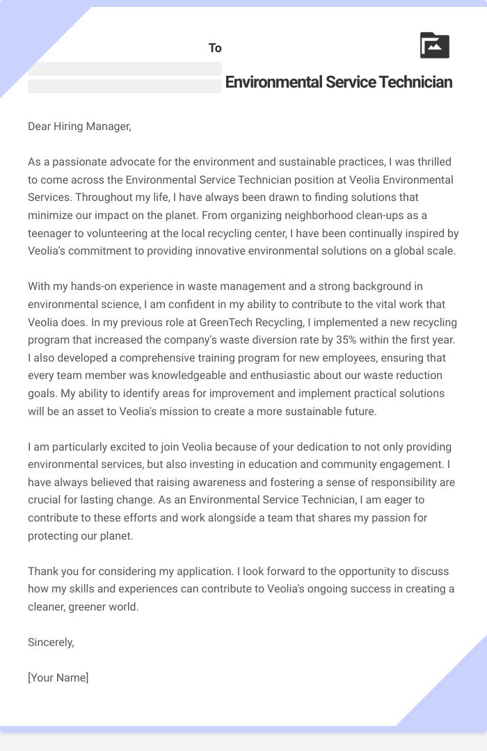 Environmental Service Technician Cover Letter