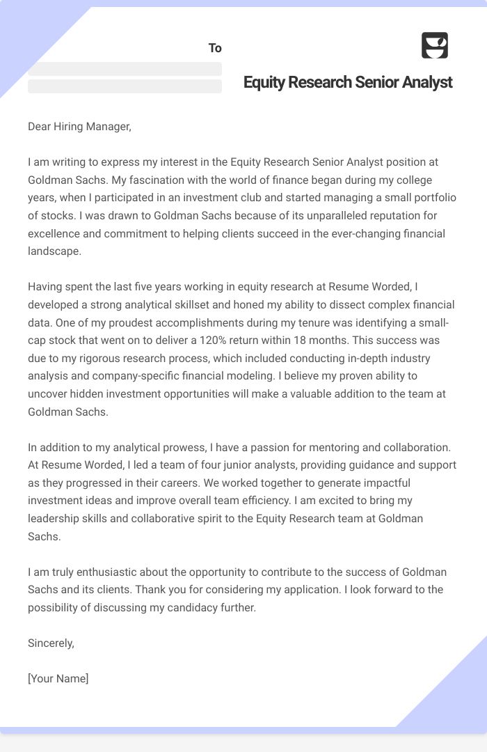 Equity Research Senior Analyst Cover Letter