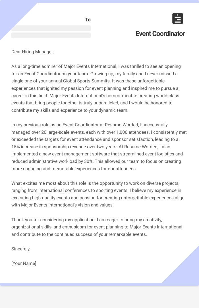 Event Coordinator Cover Letter
