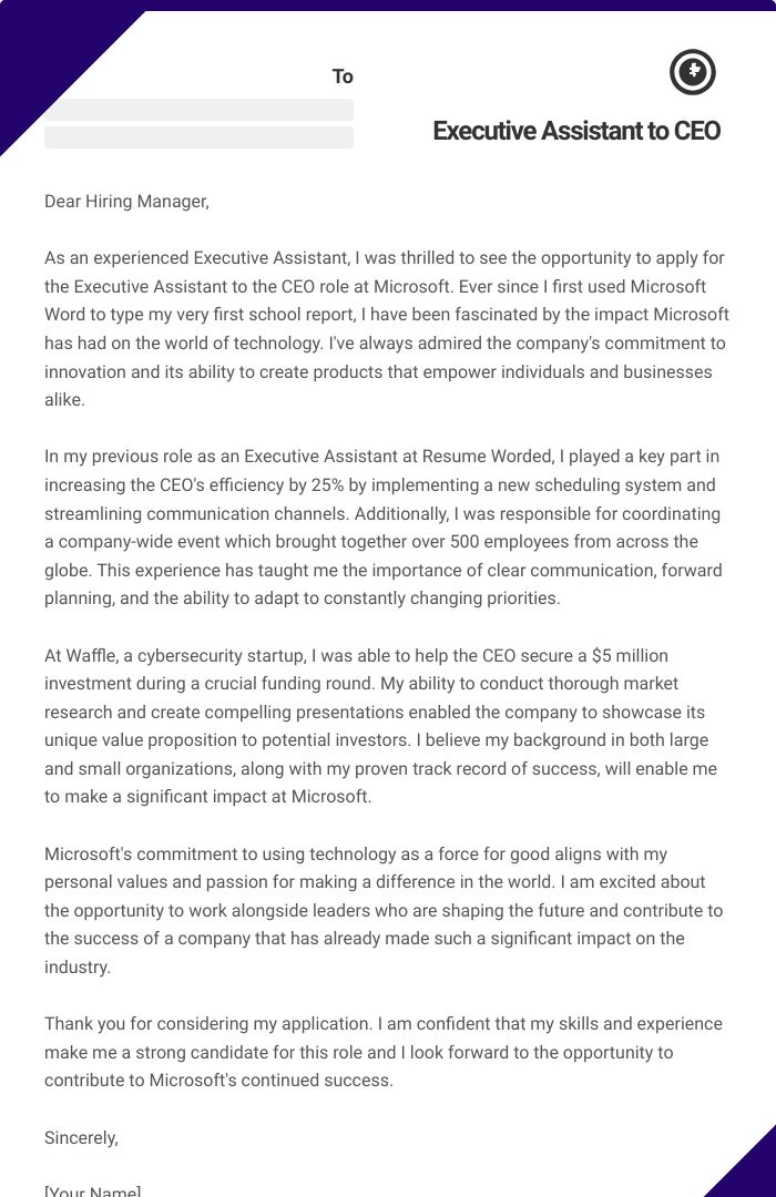 Executive Assistant to CEO Cover Letter