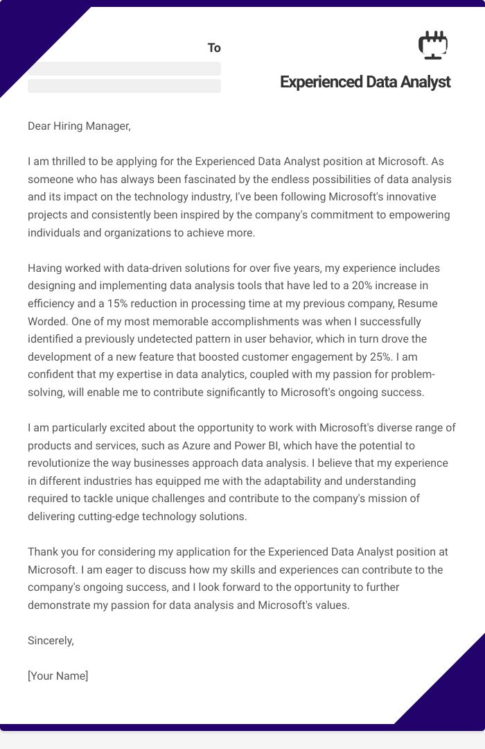 Experienced Data Analyst Cover Letter