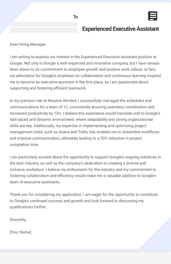 Experienced Executive Assistant Cover Letter